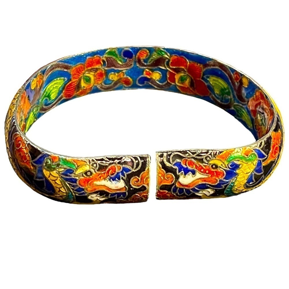 Antique Chinese Export Sterling Silver‎ Enamel Cloisonné Dragons Split Bangle